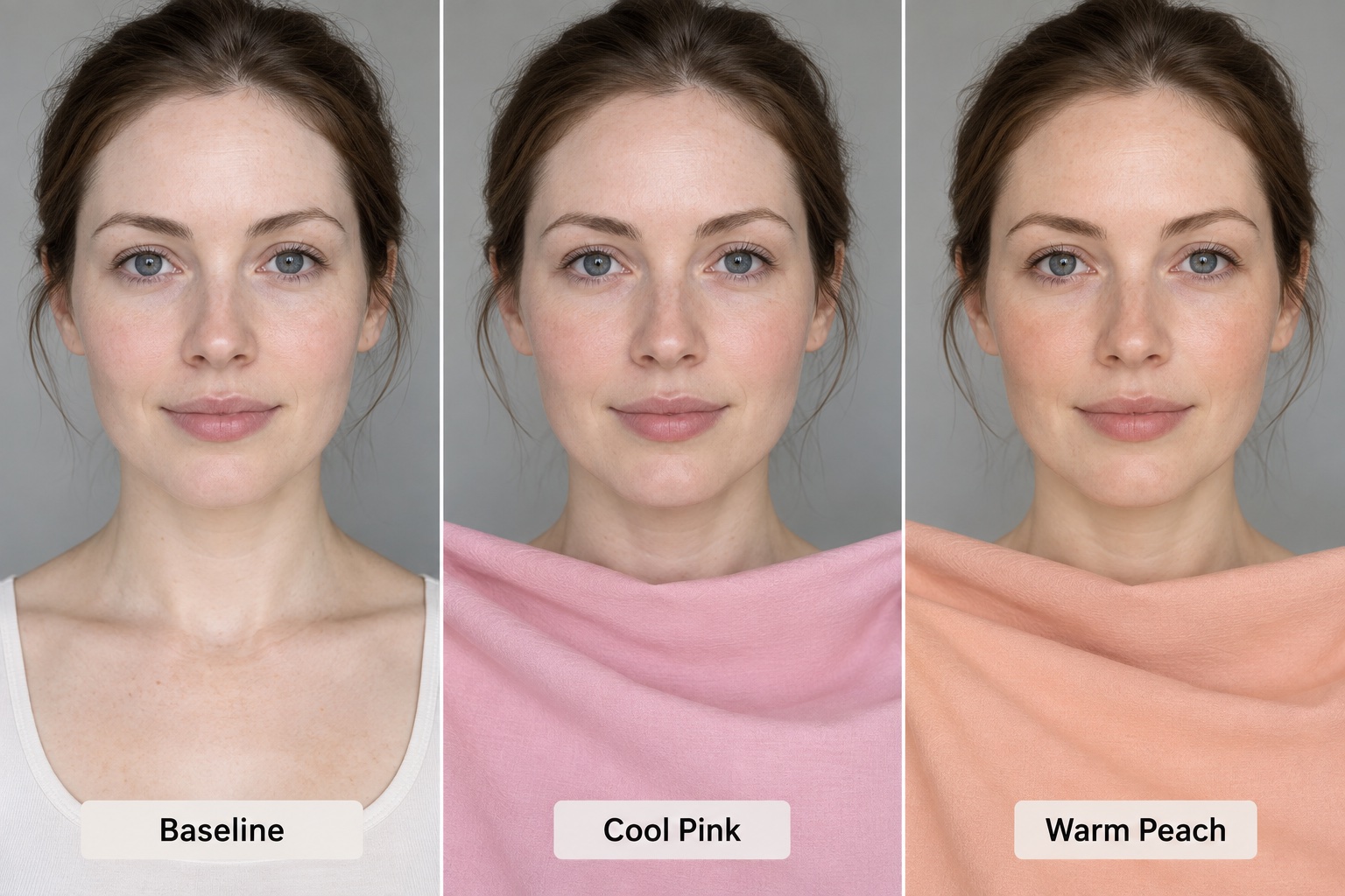 Three-step pale-skin draping comparison with a bare baseline, cool pink fabric, and warm peach fabric under the same daylight