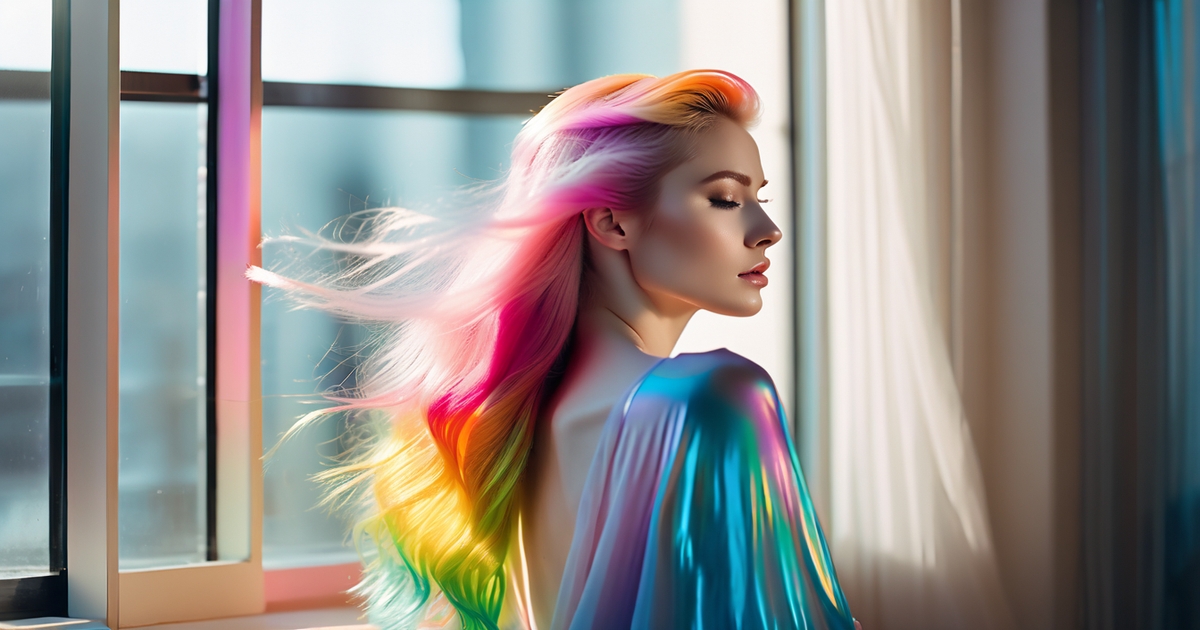 Realistic pale-skinned woman demonstrating unconventional hair color options