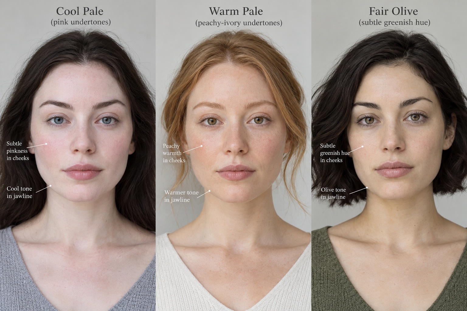 Three fair complexions compared side by side: cool pale pink, warm pale peach ivory, and fair olive with a subtle green gray cast