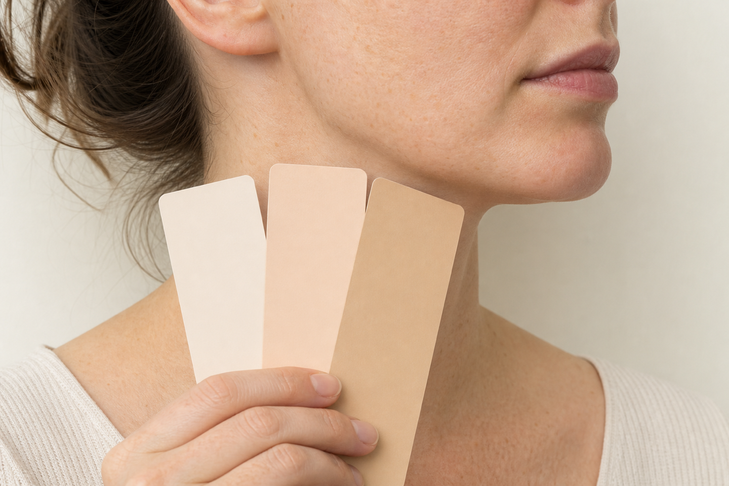 Three neutral complexion swatches compared beside the jaw and neck in indirect daylight