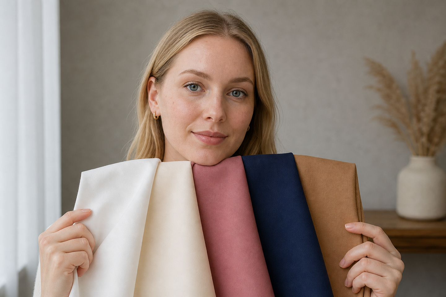 White, ivory, muted rose, navy, and camel fabrics compared near a light complexion
