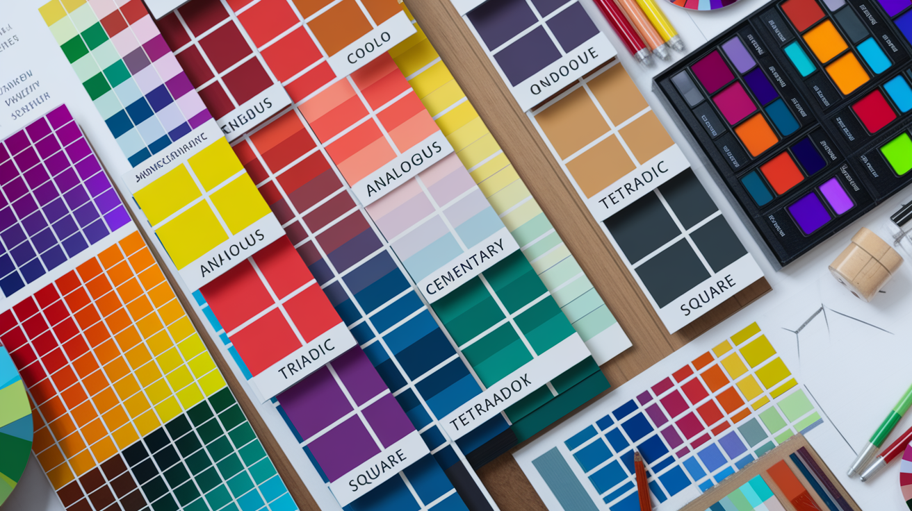 Visual examples of different color palette formulas including monochromatic, analogous, complementary, and triadic schemes