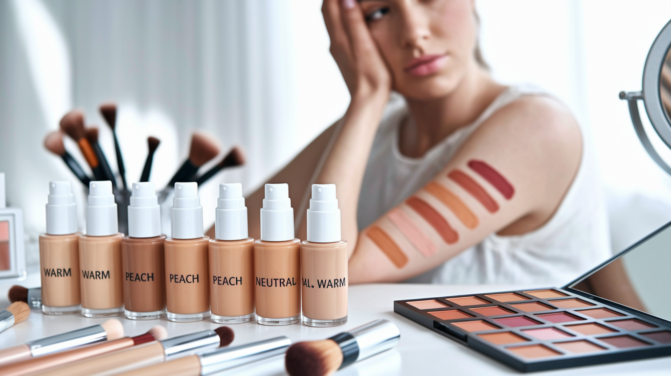 Woman testing different foundation shades on her jawline to find the perfect peach undertone match
