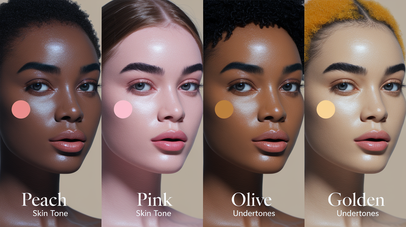 Side-by-side comparison showing different skin undertones including peach, pink, olive, and golden