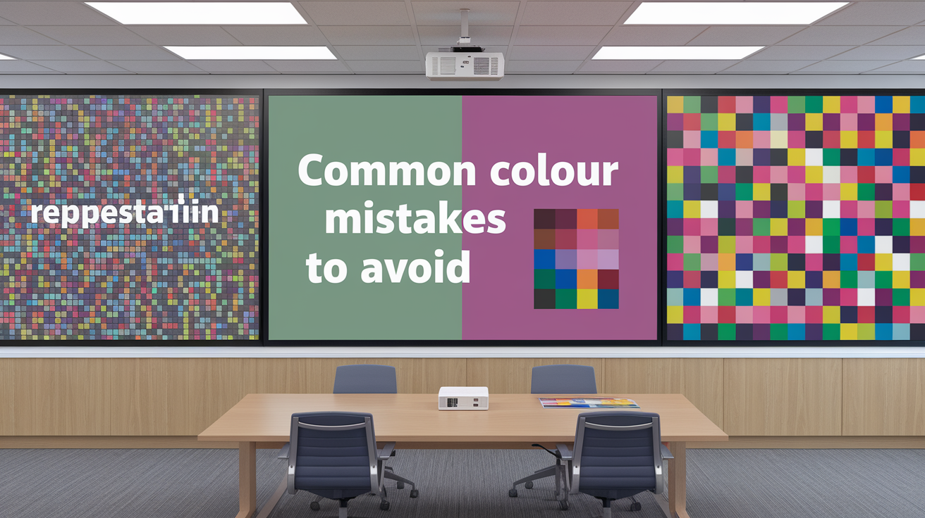 Common PowerPoint color mistakes to avoid including low contrast, too many colors, and accessibility issues