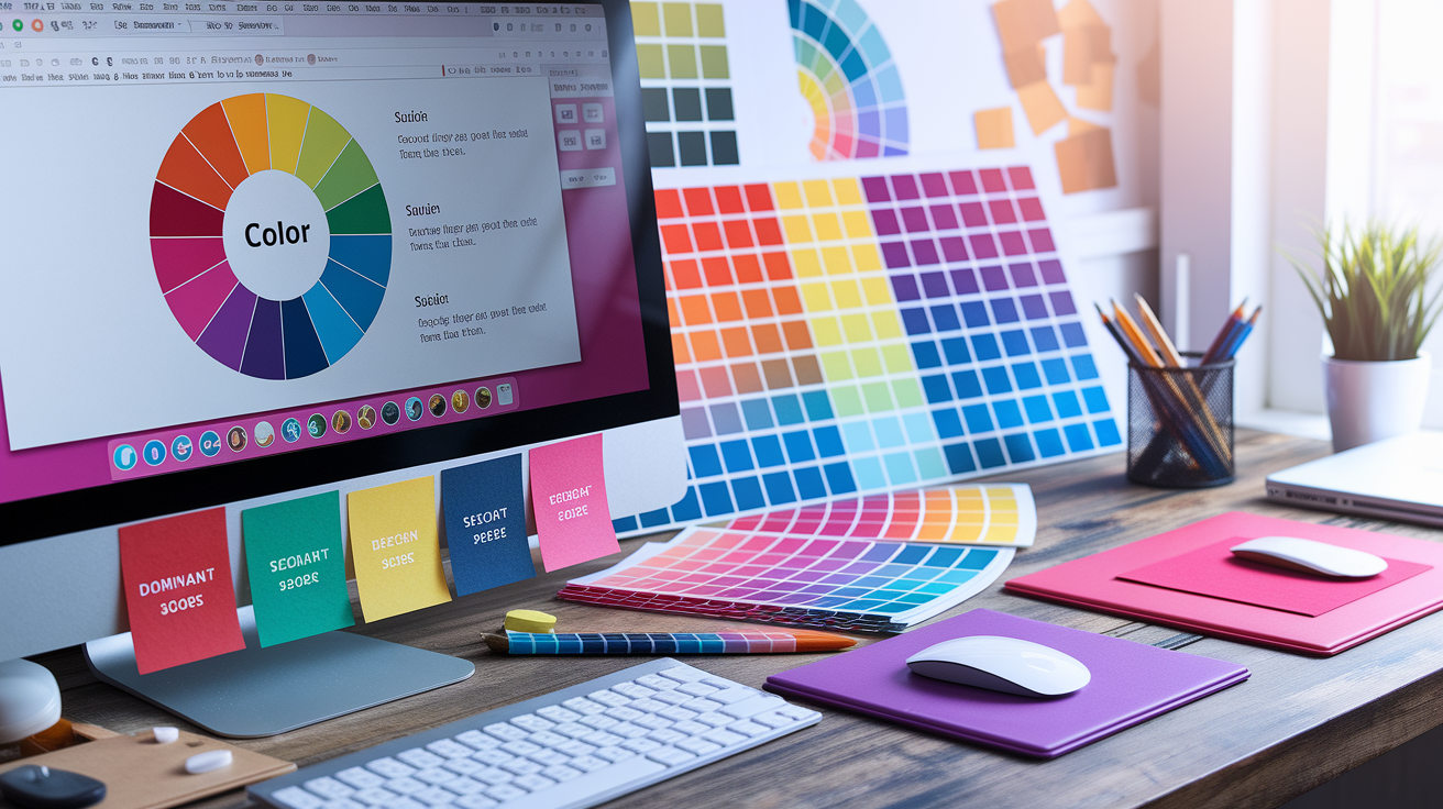 Principles of great PowerPoint color palettes showing contrast, harmony, and the 60-30-10 rule for presentation design