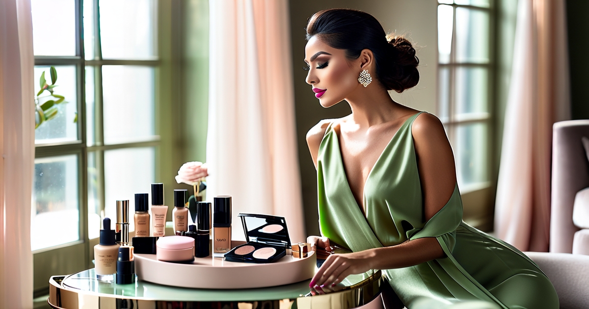 Realistic olive-skinned woman showcasing makeup application