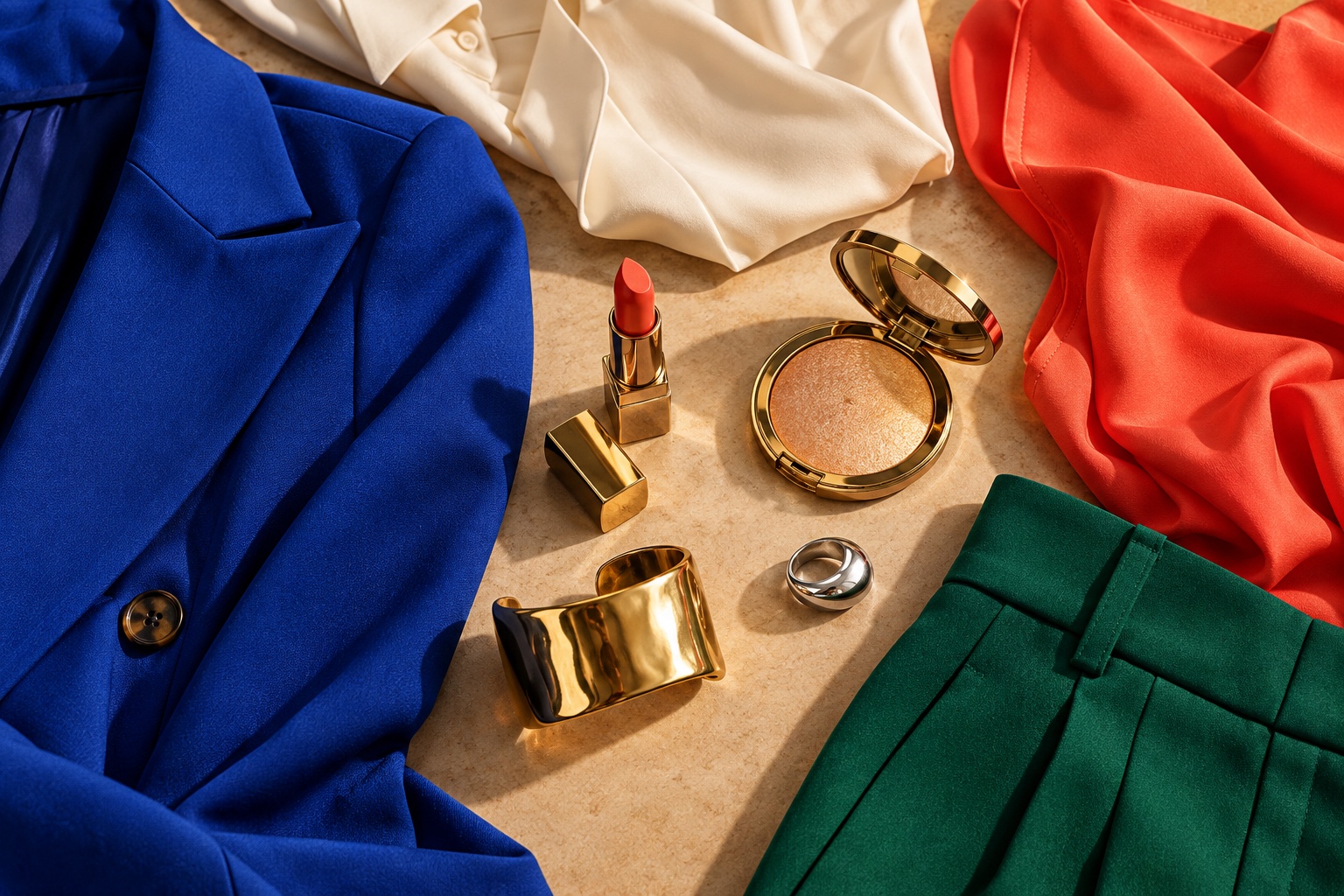Flatlay of a cobalt jacket, cream and coral garments, emerald trousers, coral-red lipstick, gold highlighter, gold cuff, and silver ring