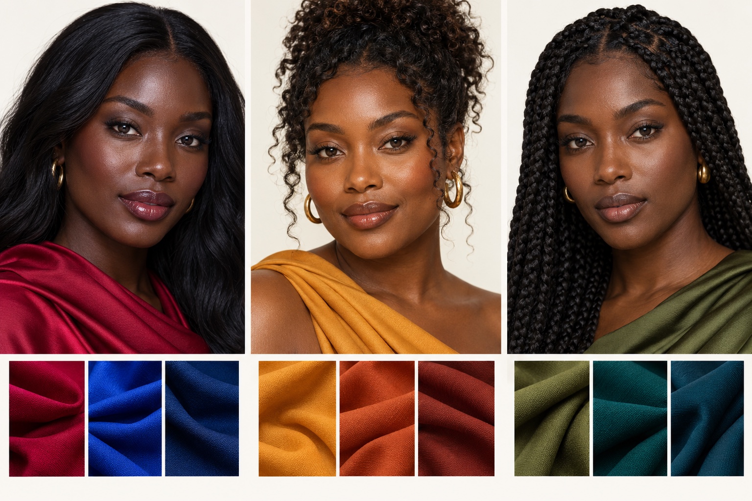 Three portraits with deep brown skin above cool ruby and cobalt, warm ocher and terracotta, and olive and teal fabric swatches