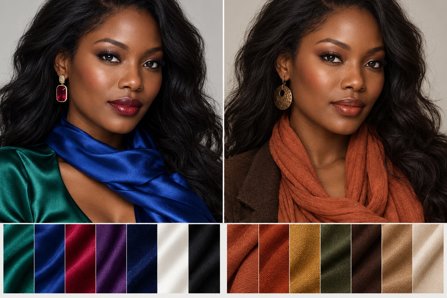 Split fashion portrait comparing emerald, sapphire, and ruby fabrics with terracotta, bronze, and chocolate fabrics on deep brown skin
