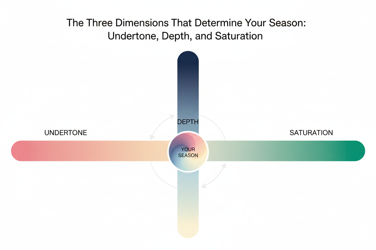 Seasonal Color Analysis for Men: Full Guide section visual for The Three Dimensions That Determine Your Season: Undertone, Depth, and Saturation