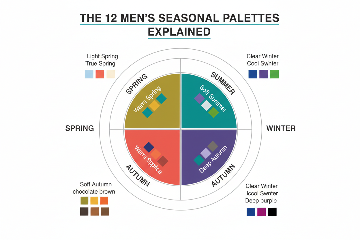 Seasonal Color Analysis for Men: Full Guide section visual for The 12 Men's Seasonal Palettes Explained