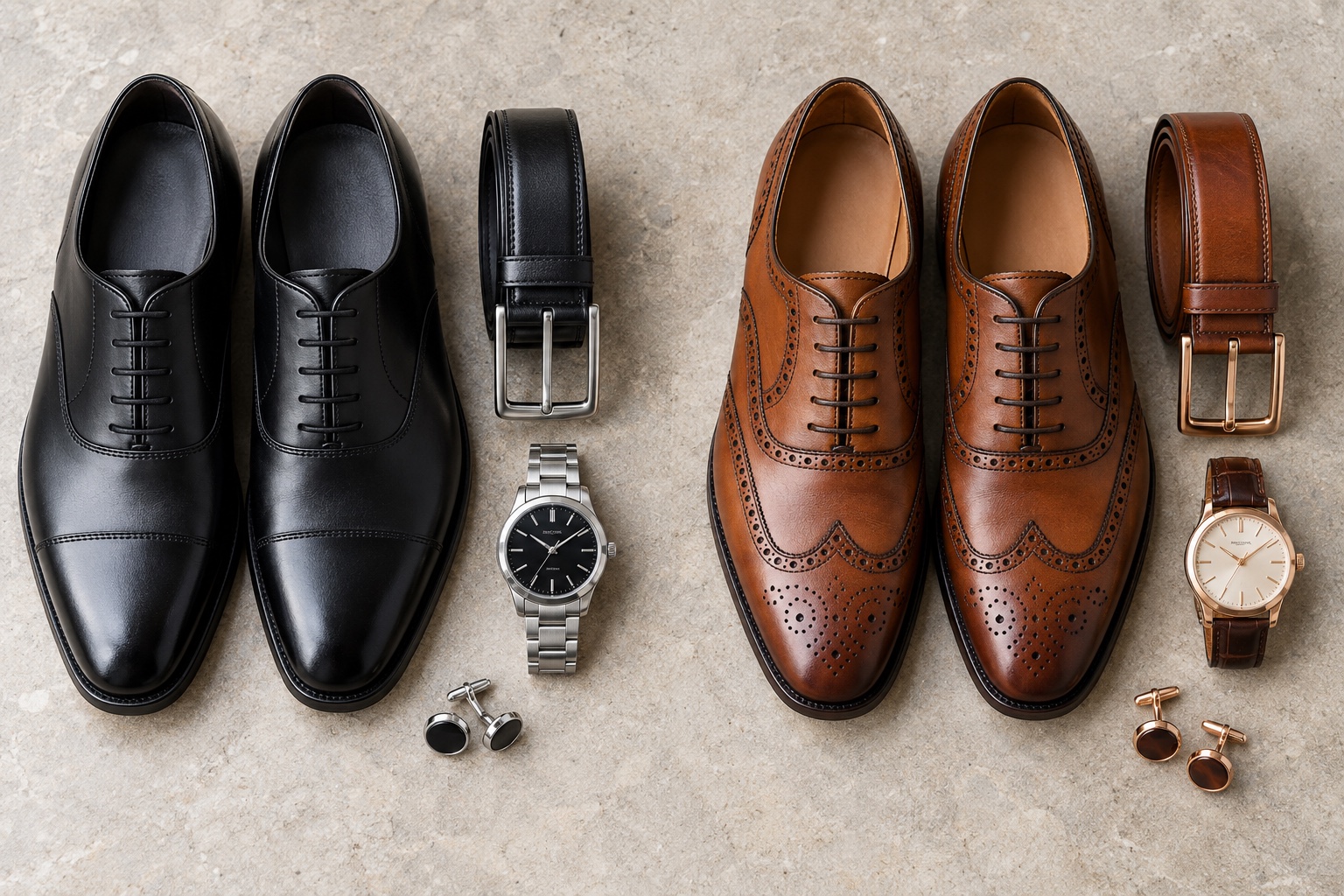 Cool black dress shoes, belt, silver watch, and cufflinks beside warm cognac brogues, belt, rose-gold watch, and cufflinks