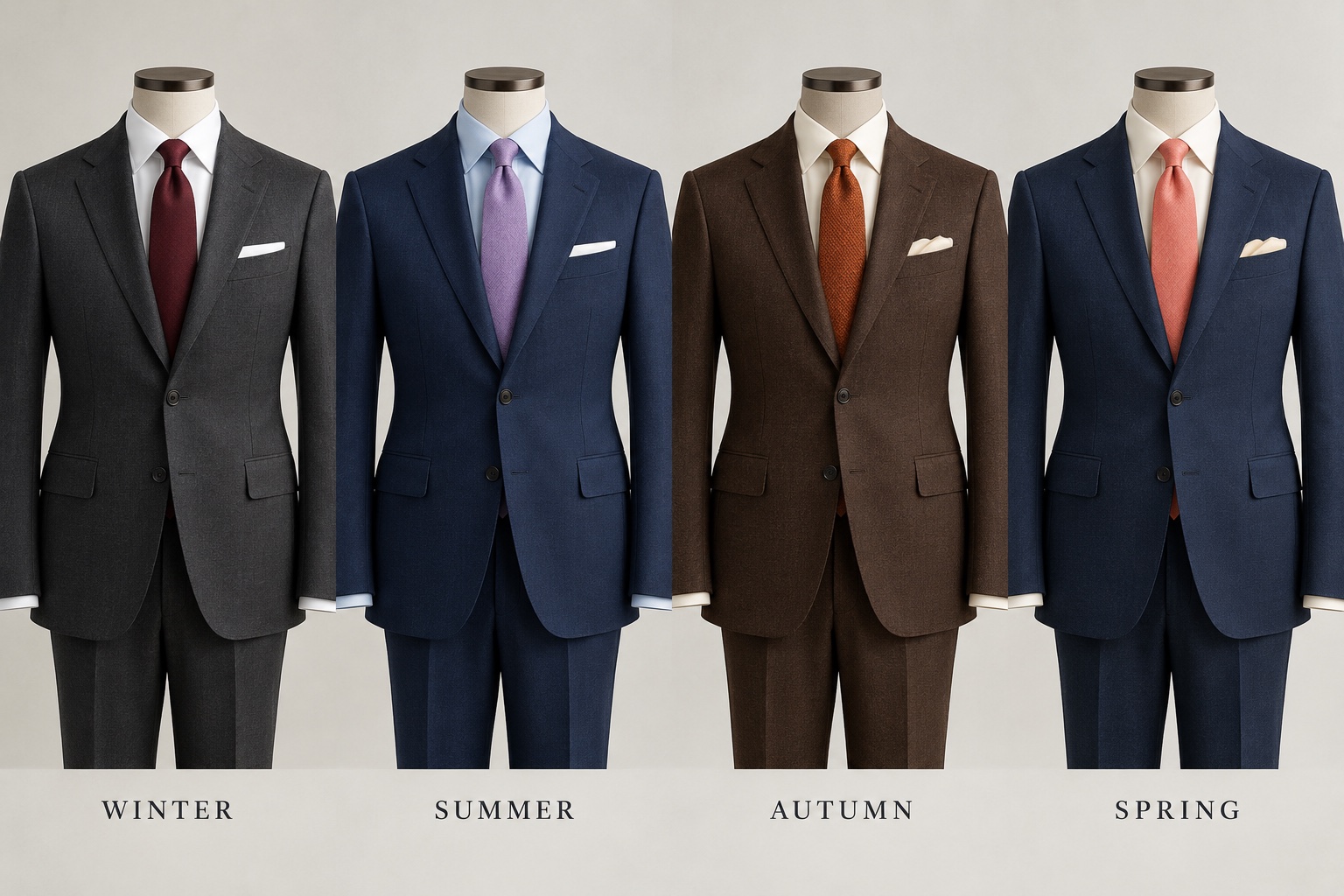 Four tailored suits: Winter charcoal with white and burgundy, Summer navy with light blue and lavender, Autumn espresso with cream and rust, and Spring warm navy with ivory and coral