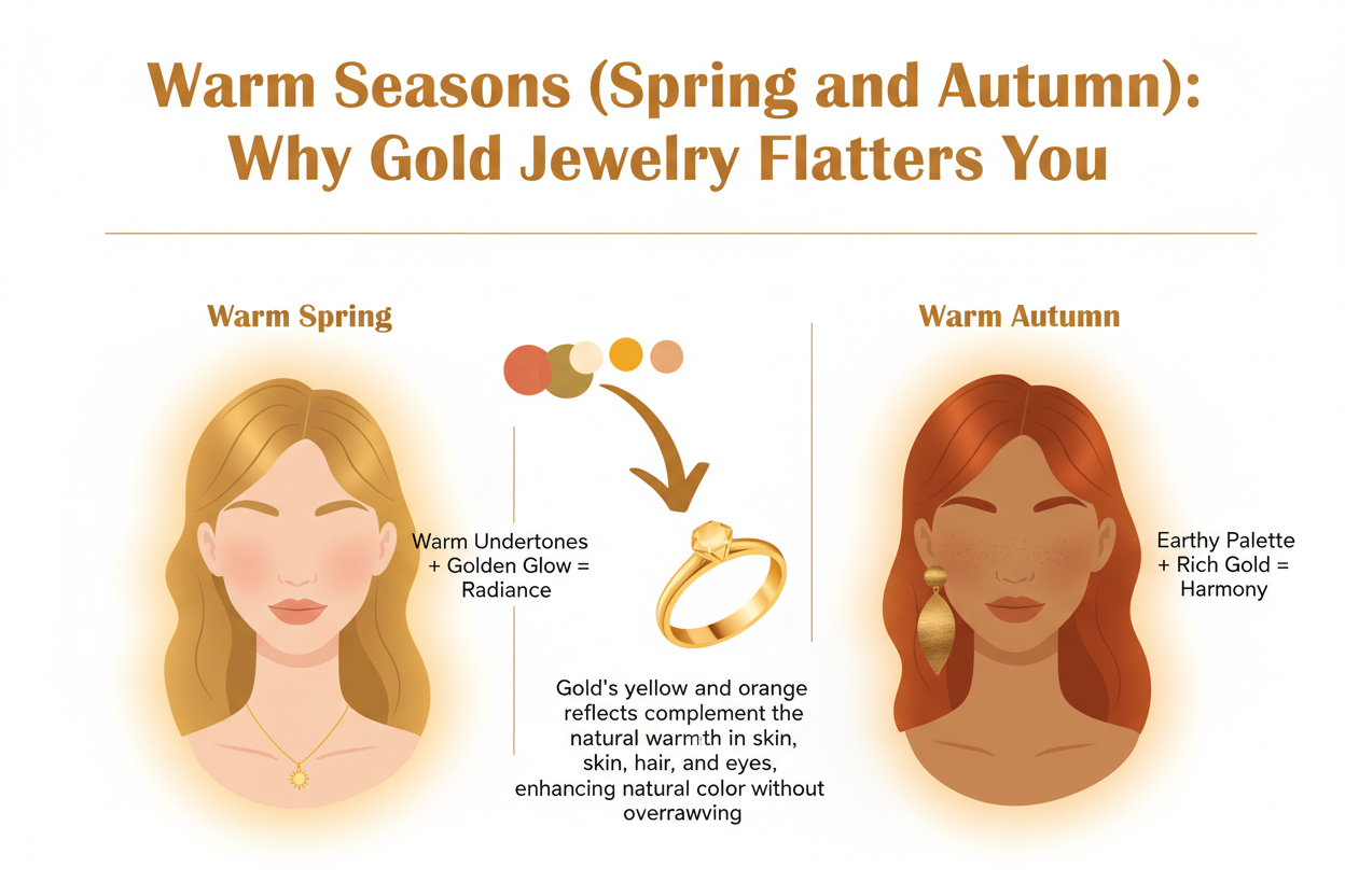 Silver vs Gold Jewelry by Color Season section visual for Warm Seasons (Spring and Autumn): Why Gold Jewelry Flatters You