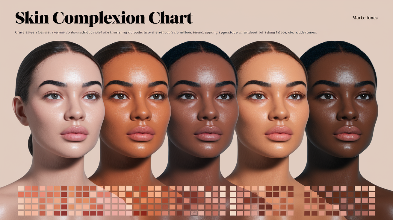 Comprehensive skin complexion chart showing various skin tones and undertones for makeup matching