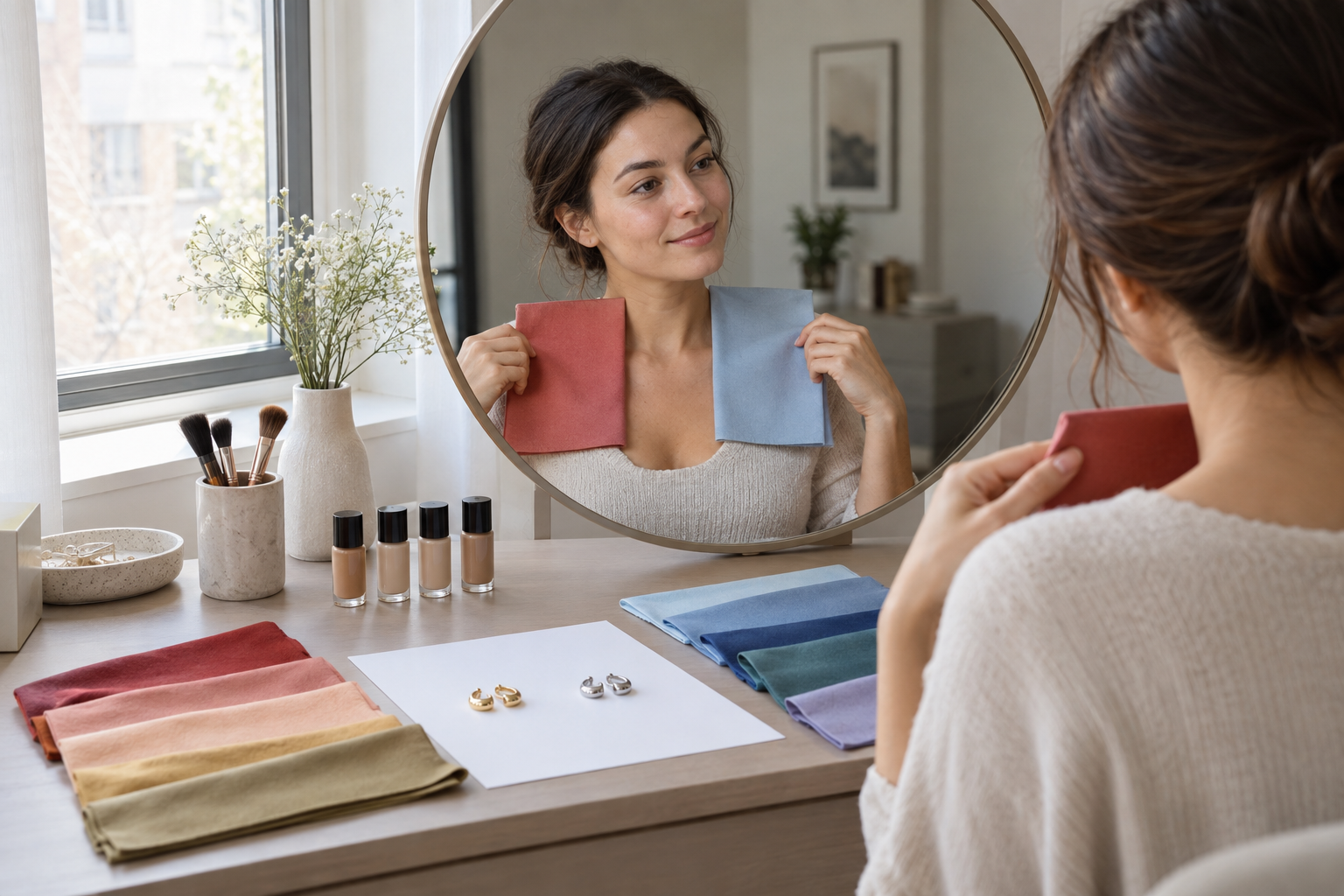 Woman with bare skin at a daylight mirror beside neutral fabric foundation swatches white paper and gold and silver jewelry