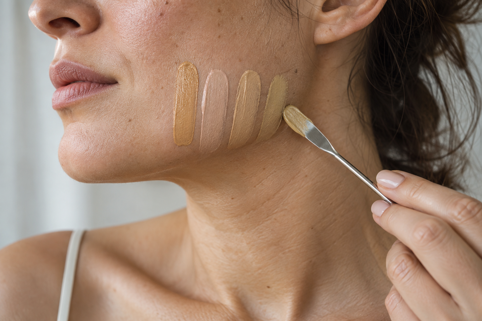 Warm cool neutral and olive foundation stripes compared at the same depth along a woman's jaw and neck