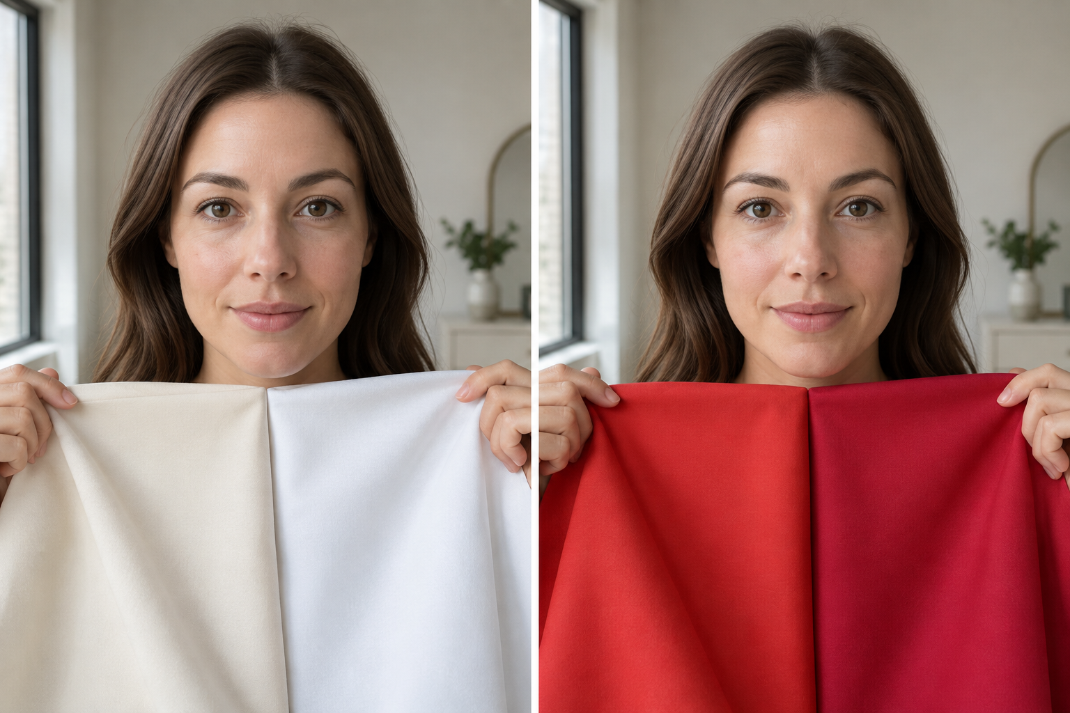 Woman comparing cream and crisp white then tomato red and blue red fabrics beneath her face in daylight