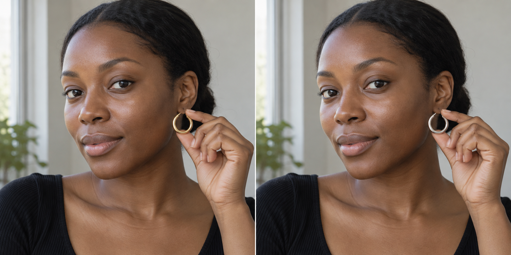 Matching gold and silver earrings held beside the same woman's bare face in indirect daylight