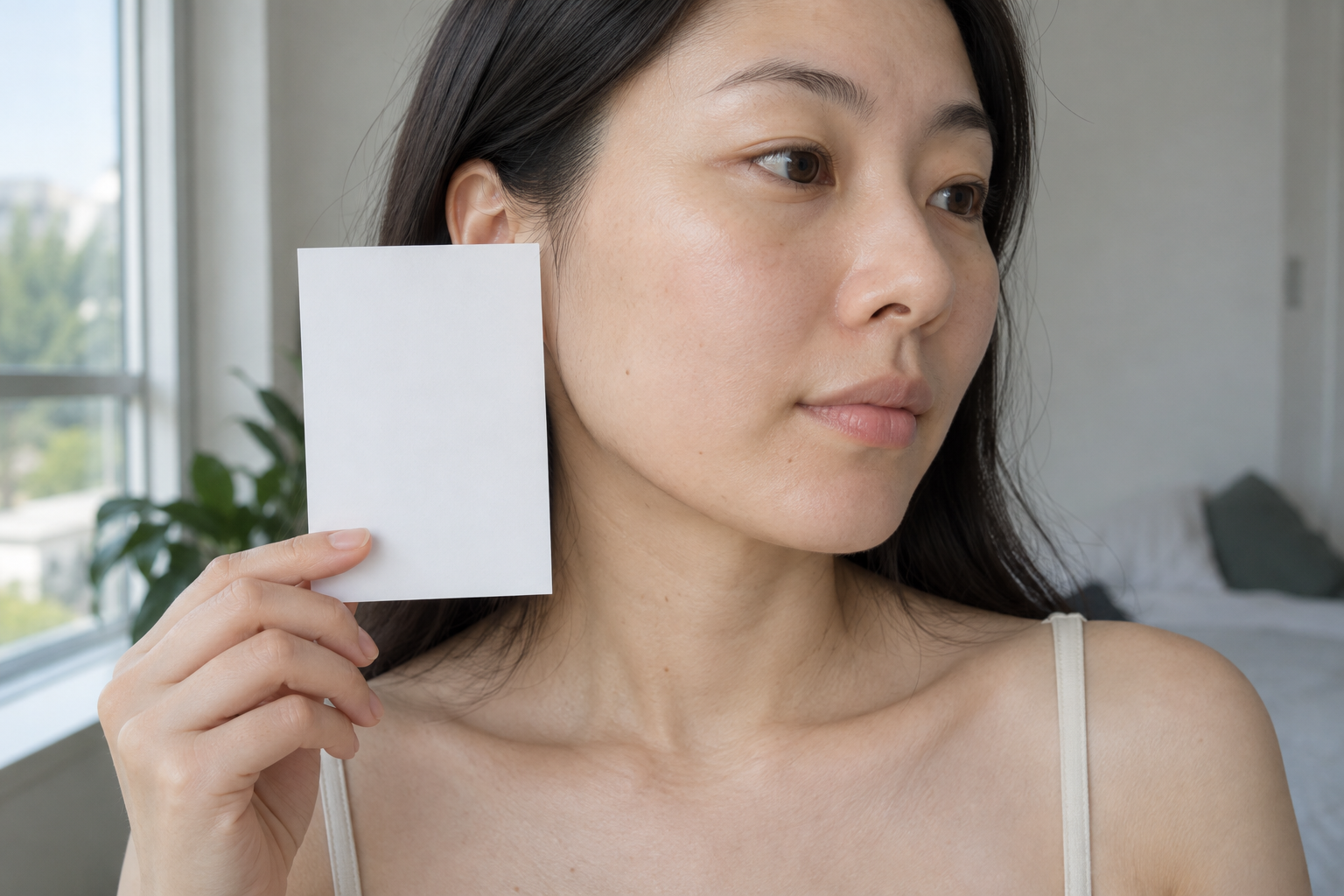 Woman holding plain white paper beside her jaw while comparing the color of her face neck and upper chest