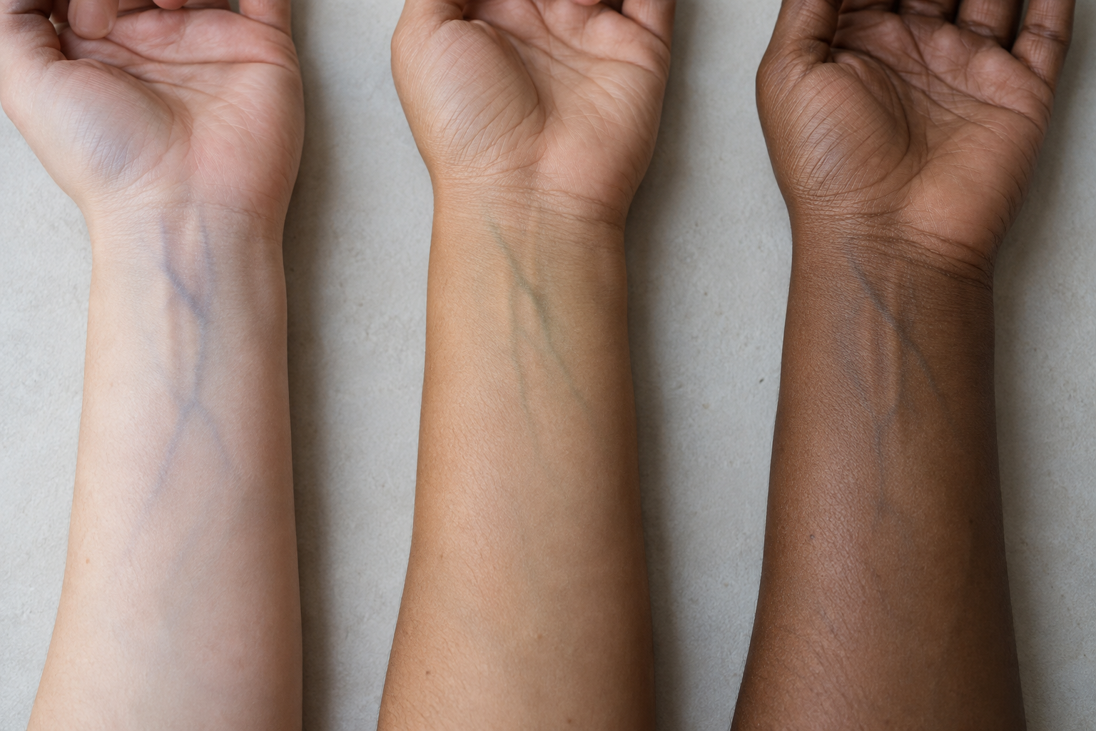 Three wrists in daylight showing blue purple green and blue green visible vein colors across different skin depths