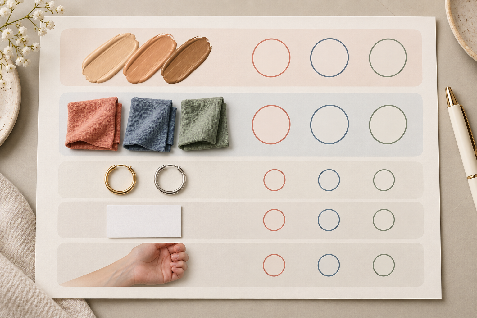 Simple undertone test worksheet with foundation and fabric weighted above jewelry paper and vein observations