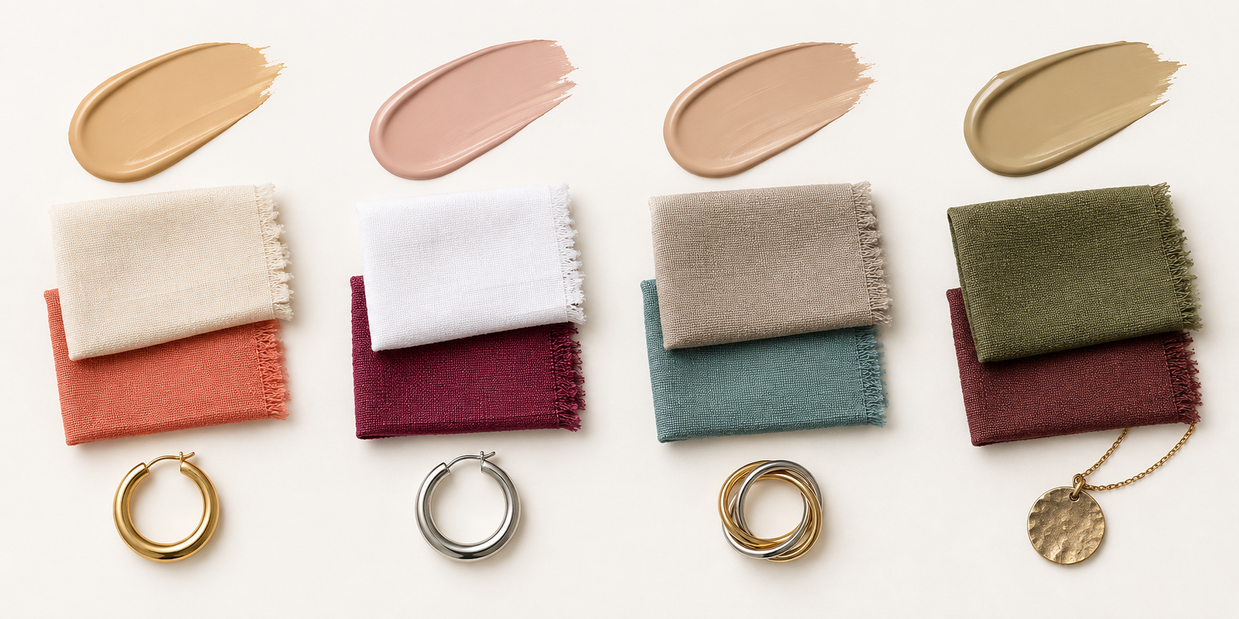 Warm cool neutral and olive result groups with coordinated foundation fabric and metal options