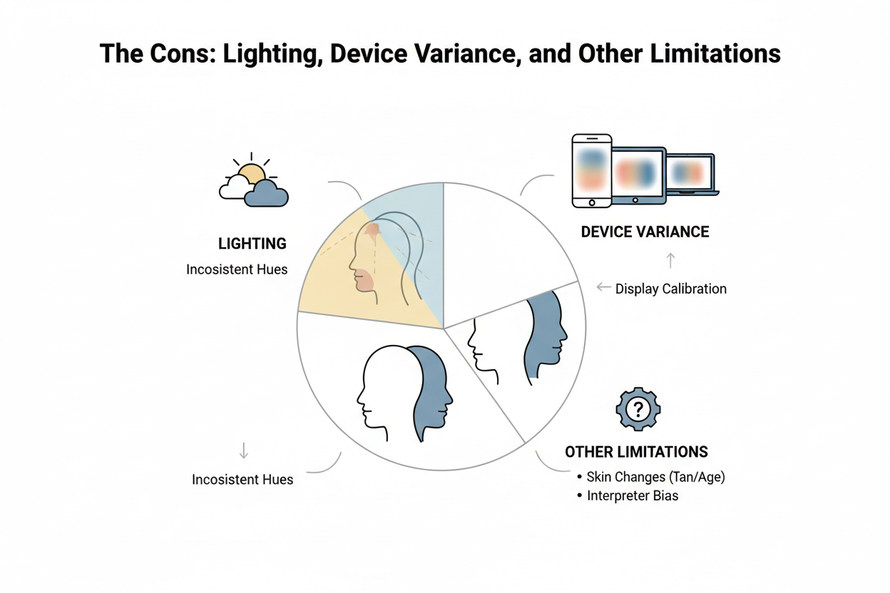 Skin Undertone Test With Camera: Pros and Cons section visual for The Cons: Lighting, Device Variance, and Other Limitations