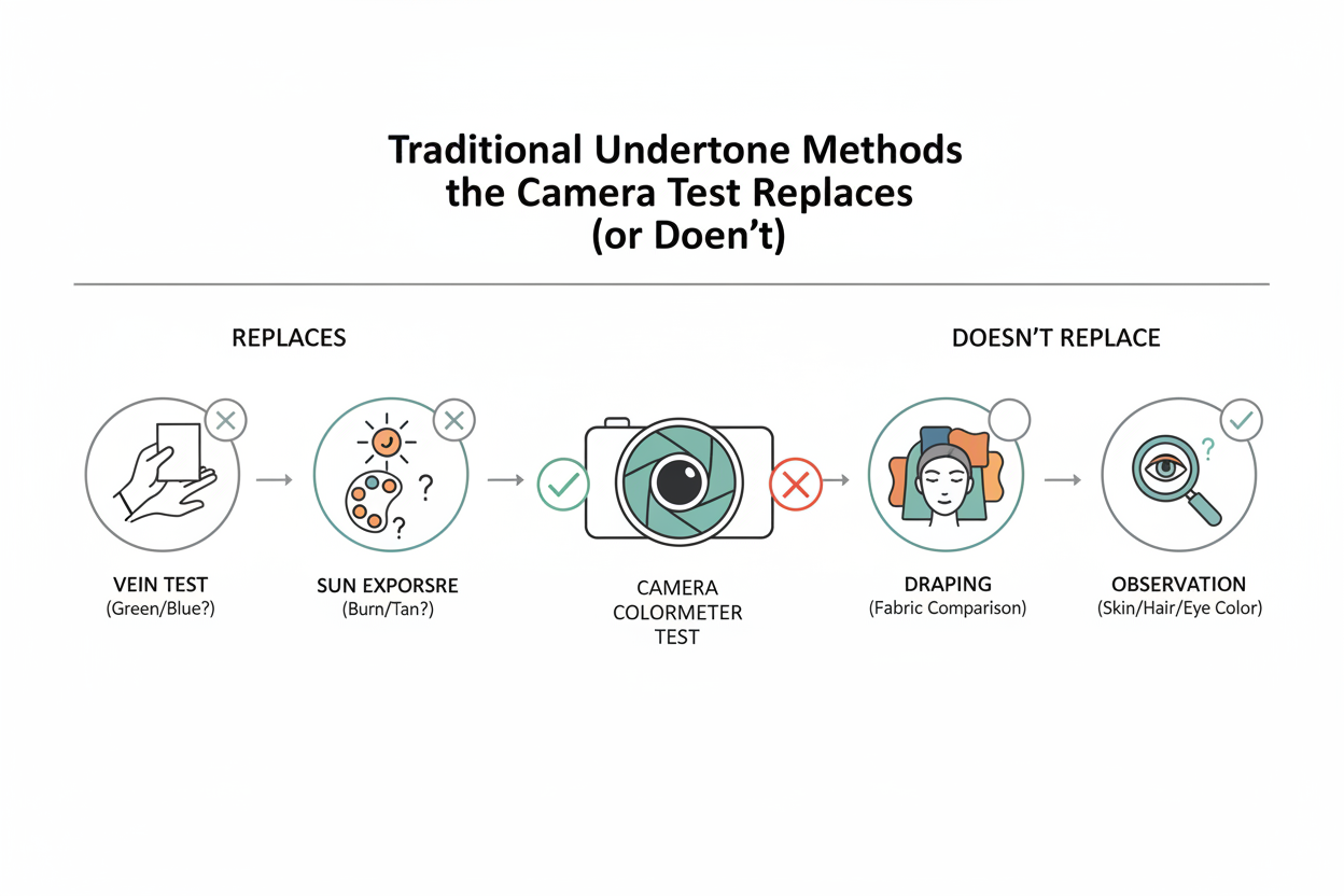 Skin Undertone Test With Camera: Pros and Cons section visual for Traditional Undertone Methods the Camera Test Replaces (or Doesn't)