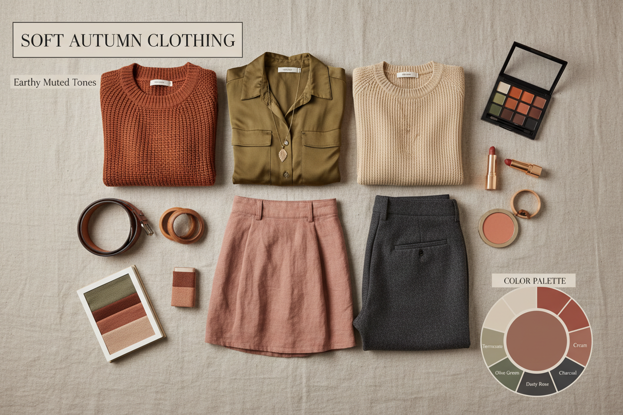 Soft Autumn Clothing, Makeup, Jewelry, and Hair section visual for Soft Autumn Clothing: Building a Wardrobe Around Earthy Muted Tones
