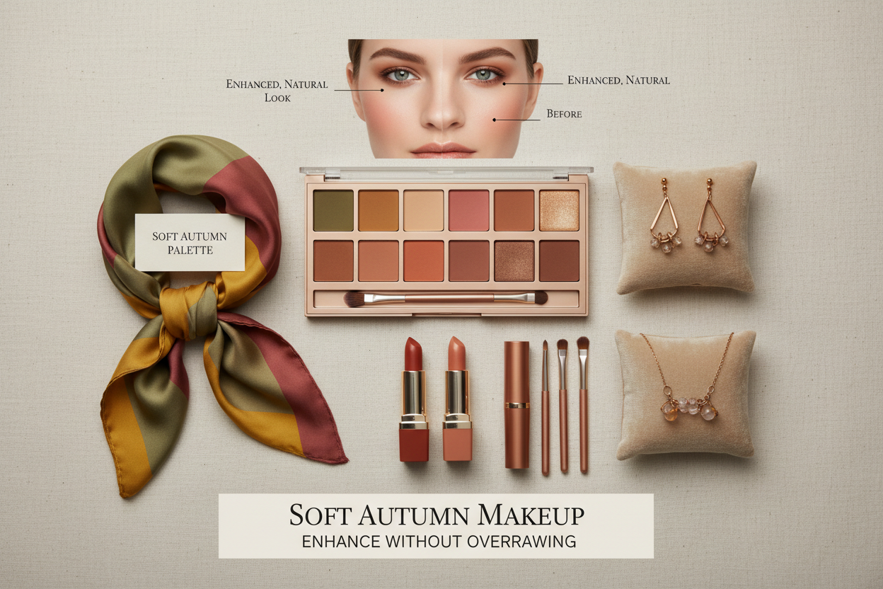 Soft Autumn Clothing, Makeup, Jewelry, and Hair section visual for Soft Autumn Makeup: Colours That Enhance Without Overpowering