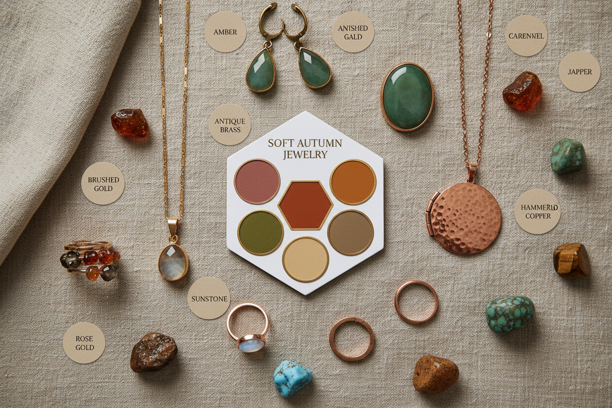 Soft Autumn Clothing, Makeup, Jewelry, and Hair section visual for Soft Autumn Jewelry: Metals and Stones That Complement the Palette