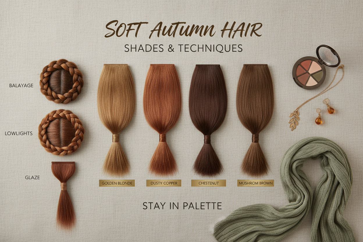 Soft Autumn Clothing, Makeup, Jewelry, and Hair section visual for Soft Autumn Hair: Shades and Techniques That Stay in Palette
