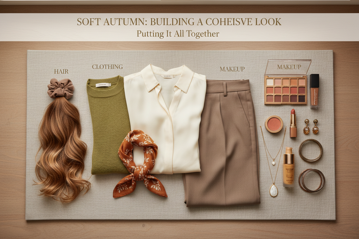Soft Autumn Clothing, Makeup, Jewelry, and Hair section visual for Building a Cohesive Soft Autumn Look: Putting It All Together