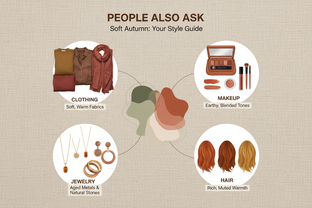 Soft Autumn Clothing, Makeup, Jewelry, and Hair section visual for People Also Ask