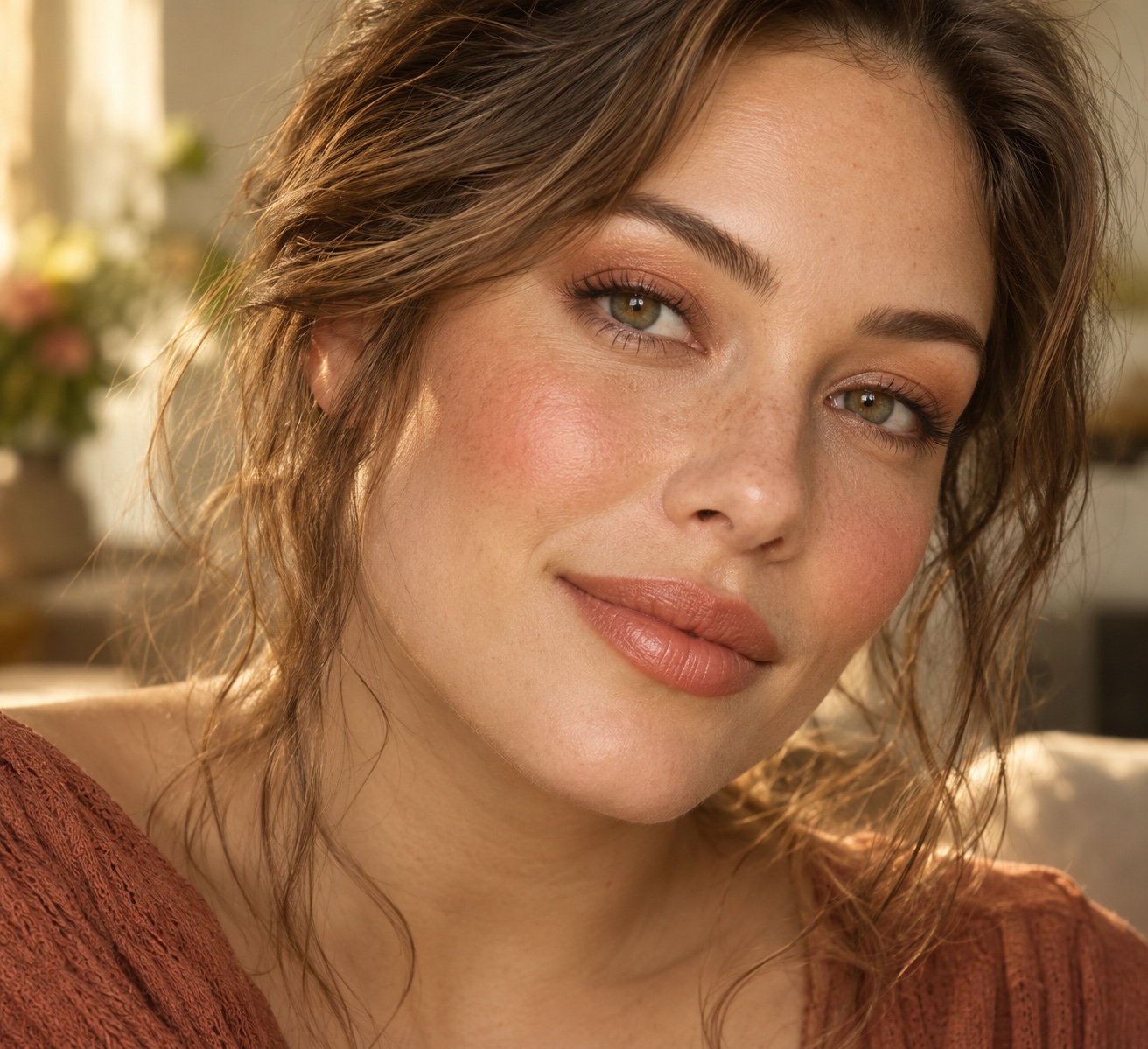 Soft Autumn portrait with softly blended warm peach blush, almond taupe eyes, and toasted caramel lips in golden afternoon light