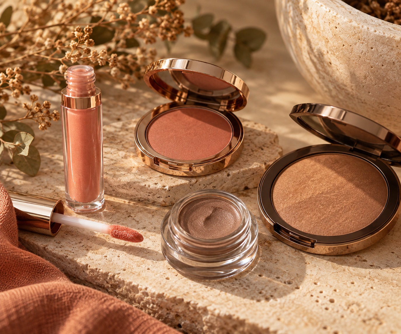 Soft Autumn makeup products: warm peach gloss, muted terracotta blush, almond taupe cream shadow, and warm bronzing powder
