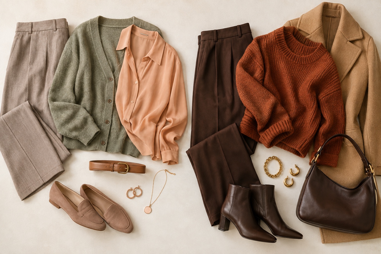 Flatlay compares taupe trousers, sage cardigan, and peach blouse with chocolate trousers, camel coat, and rust knit