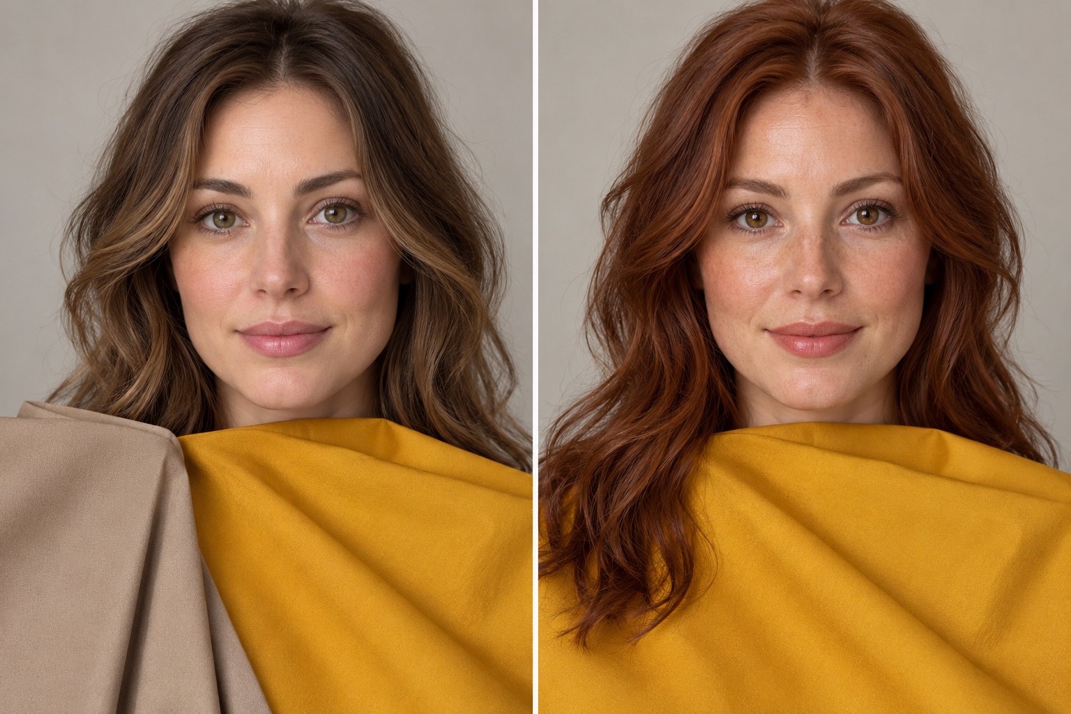 Two fictional models hold mustard-gold fabric at the neckline, with an almond-latte comparison swatch beside the softly colored model