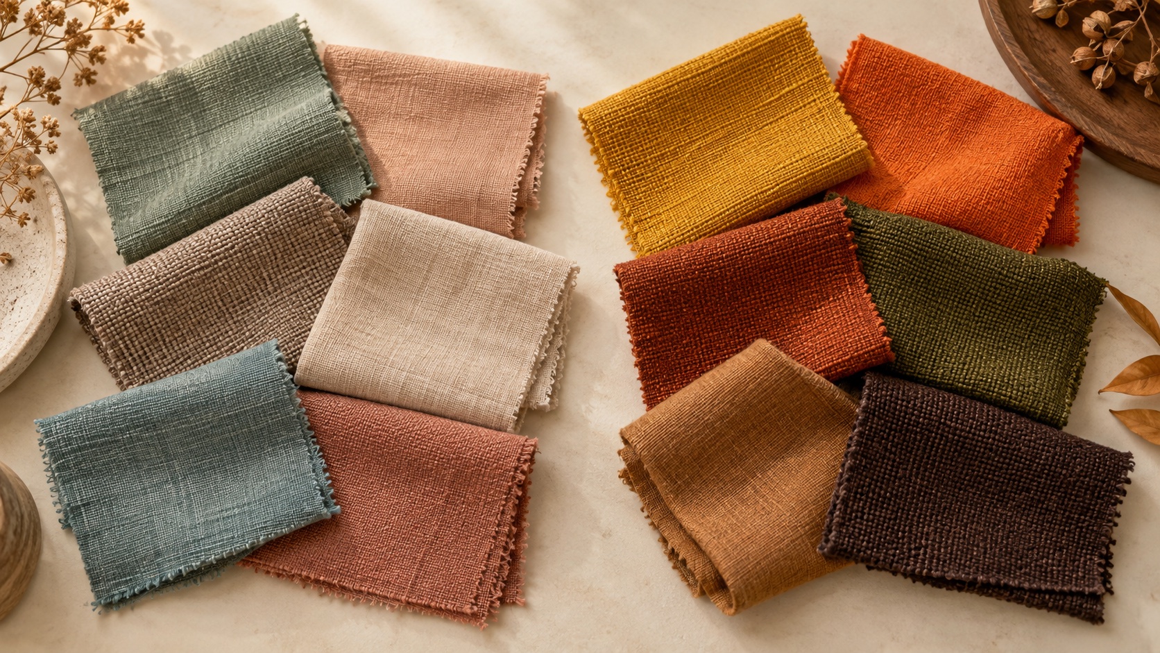 Fabric swatches place dusty sage, peach taupe, and almond beside mustard, pumpkin, copper, and golden olive