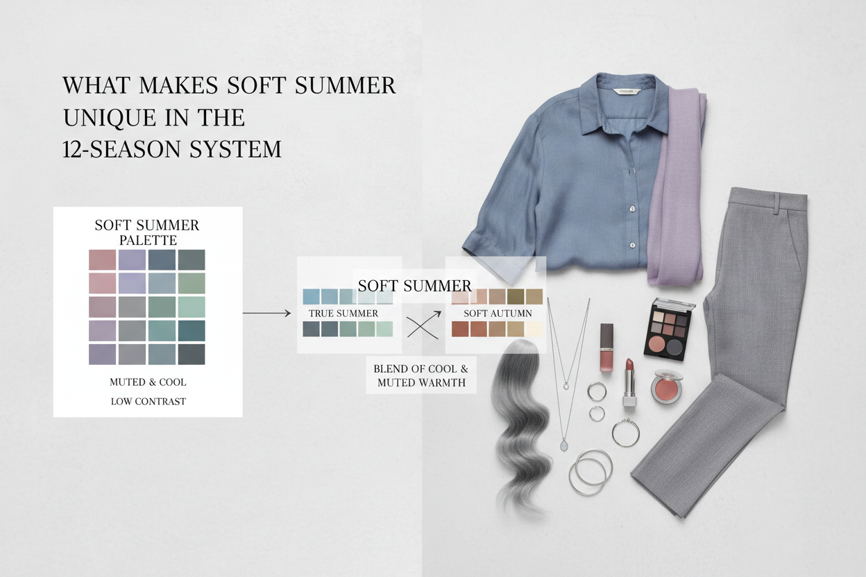 Soft Summer Clothing, Makeup, Jewelry, and Hair section visual for What Makes Soft Summer Unique in the 12-Season System