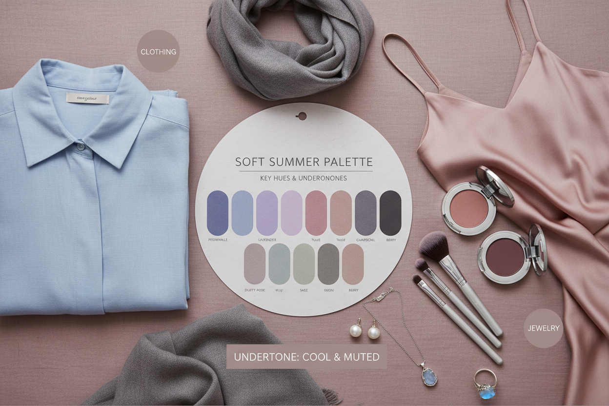 Soft Summer Clothing, Makeup, Jewelry, and Hair section visual for The Soft Summer Color Palette: Key Hues and Undertones