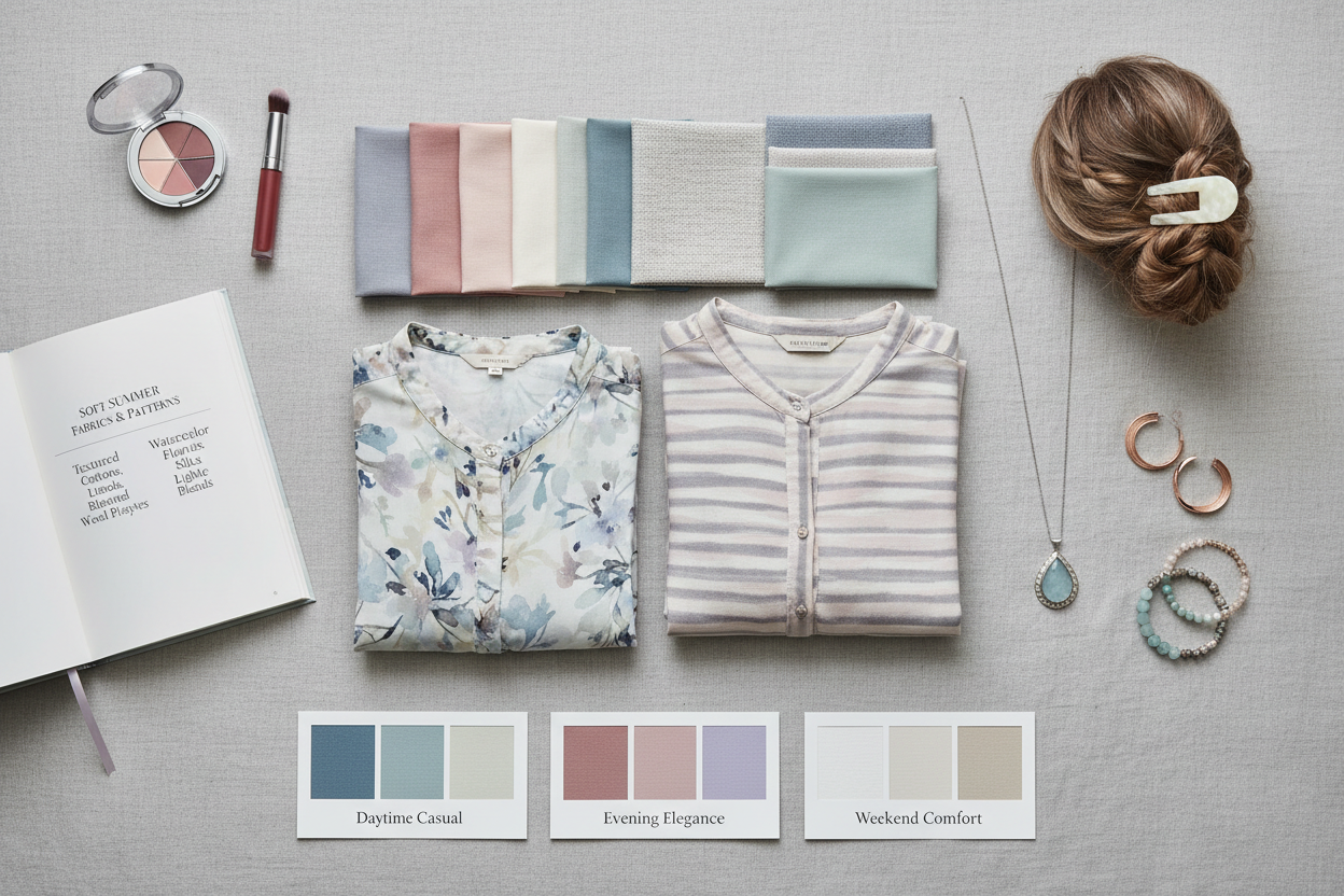 Soft Summer Clothing, Makeup, Jewelry, and Hair section visual for Soft Summer Clothing: Fabrics, Patterns, and Color Combinations