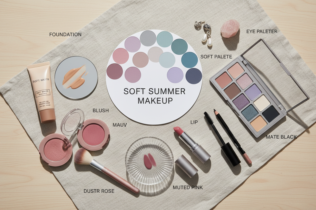 Soft Summer Clothing, Makeup, Jewelry, and Hair section visual for Soft Summer Makeup: Foundation, Blush, Lip, and Eye Recommendations