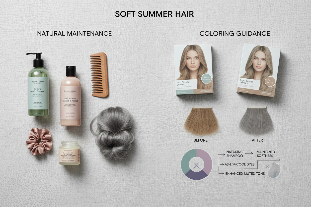 Soft Summer Clothing, Makeup, Jewelry, and Hair section visual for Soft Summer Hair: Natural Color Maintenance and Coloring Guidance