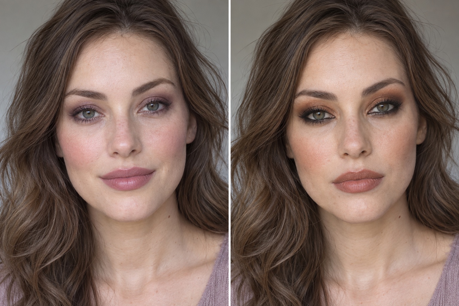 Same model wearing blended smoky plum eye makeup and rosy lips on the left, versus warm bronze shadow and strong black liner on the right