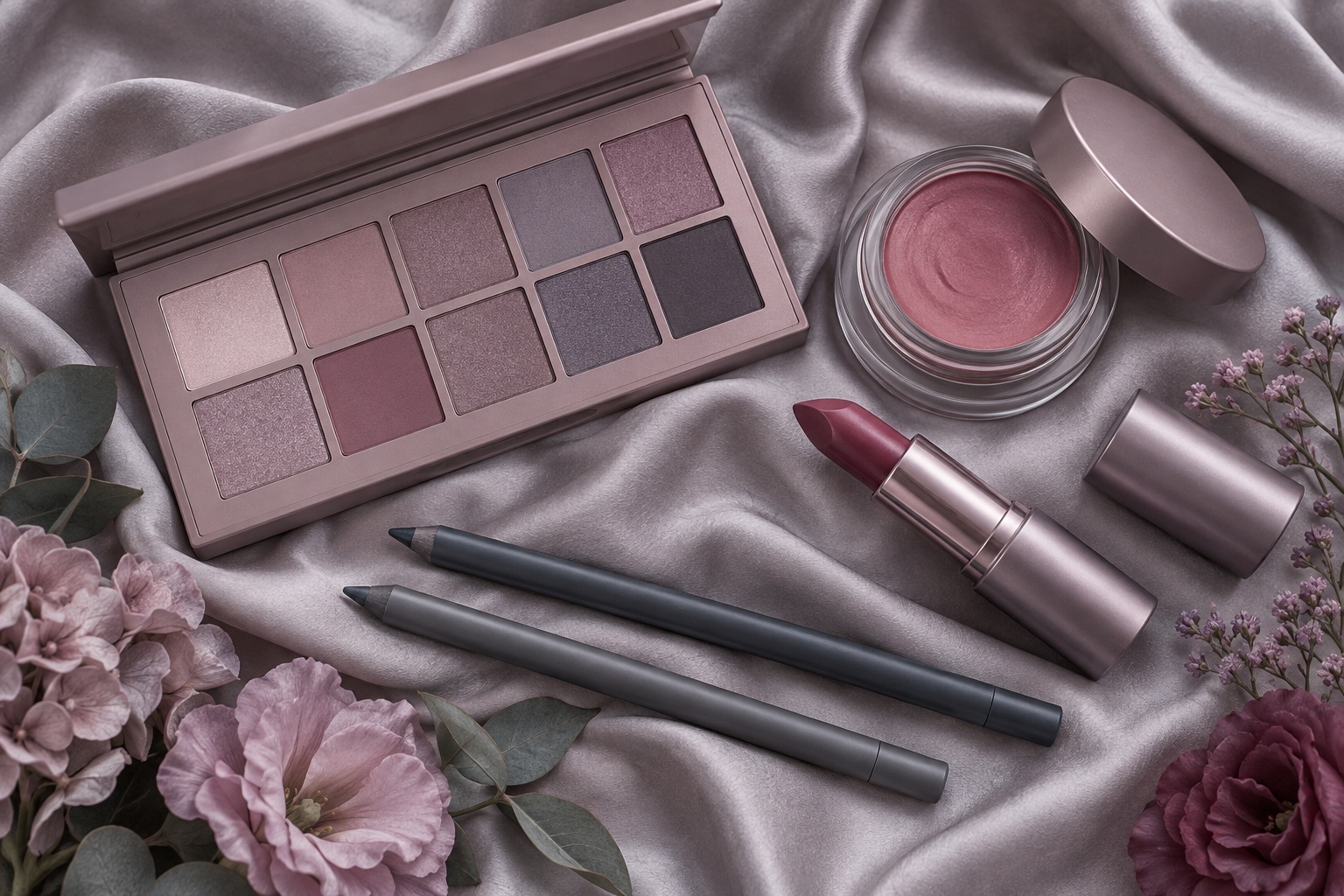 Soft Summer makeup flatlay with gray-mauve shadows, dusty-rose cream blush, cool berry lipstick, and slate-gray pencils