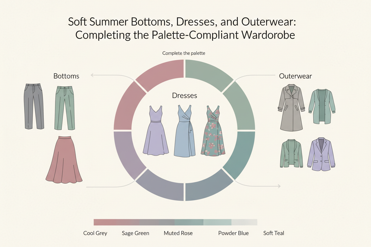 Soft Summer Palette Clothes: Capsule Wardrobe section visual for Soft Summer Bottoms, Dresses, and Outerwear: Completing the Palette-Compliant Wardrobe