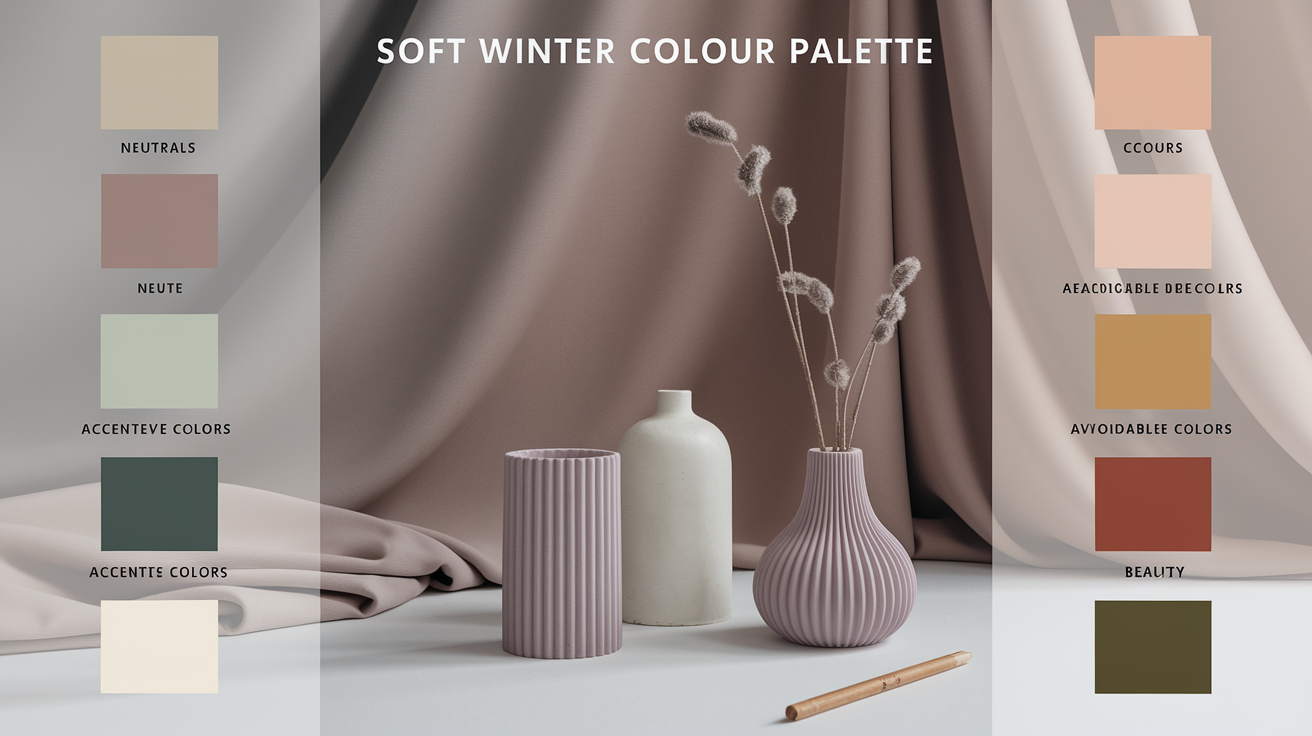 Complete soft winter color palette - core neutrals, key accent colors, and colors to avoid